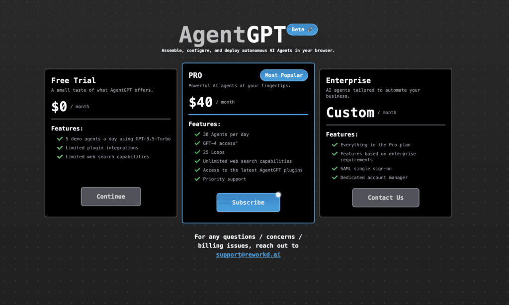 AgentGPT Pricing Plan 