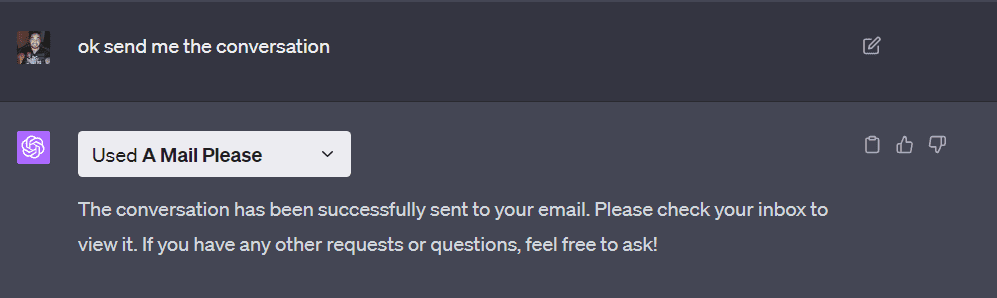 Sending a conversation using A Mail Please ChatGPT Plugin