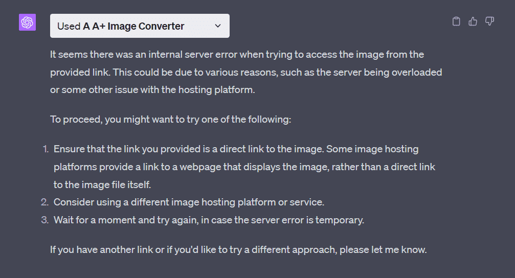 A+ Image Converter ChatGPT Plugin unable to convert images