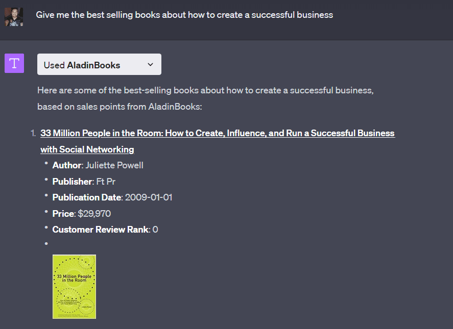 Instruction example on using AladinBooks ChatGPT Plugin