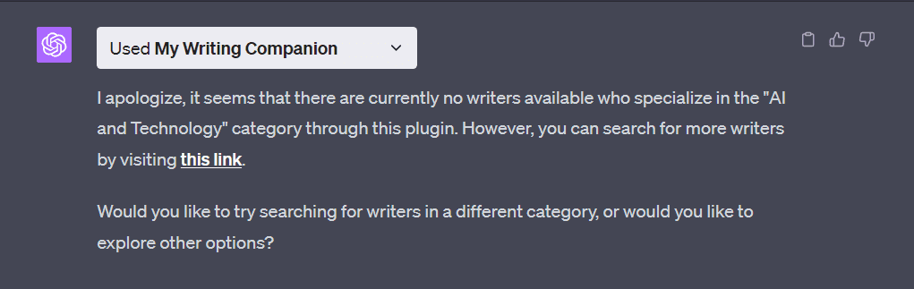 My Writing Companion ChatGPT Plugin unable to find a writer