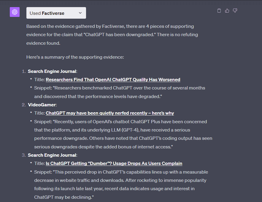 Factiverse ChatGPT Plugin claim output