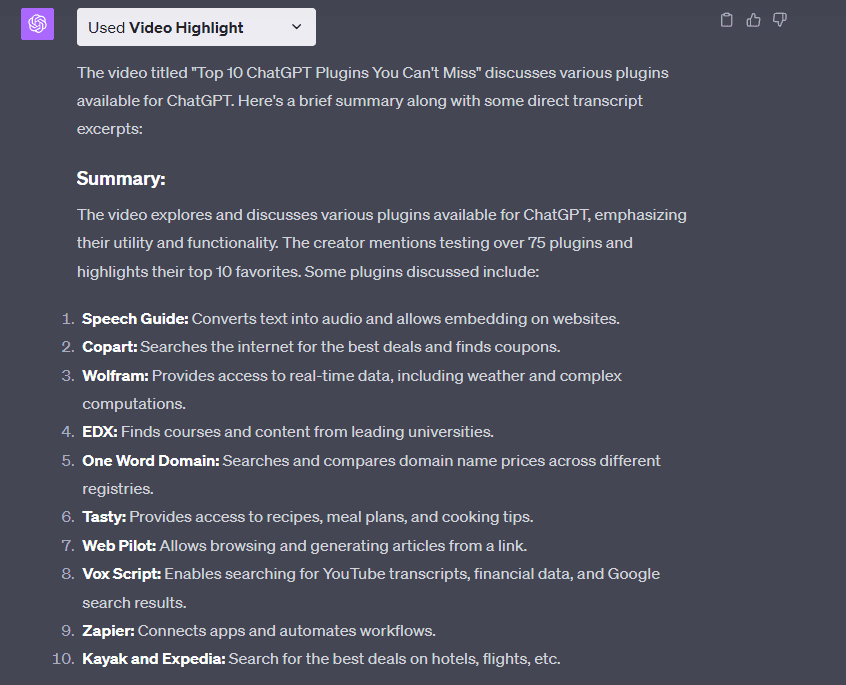 Video Highlight ChatGPT Plugin summary output