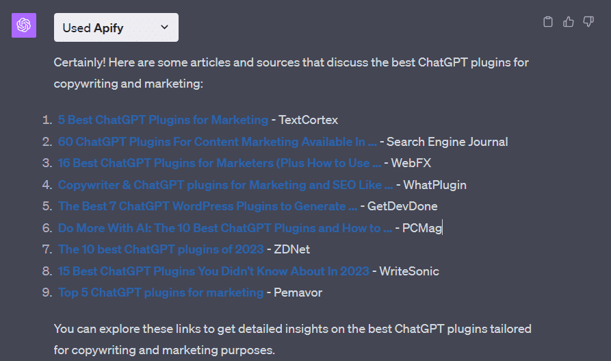 Apify ChatGPT Plugin SERP search output