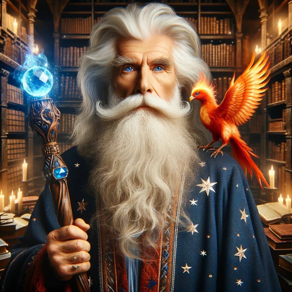 elderly wizard with a long, flowing beard, piercing blue eyes