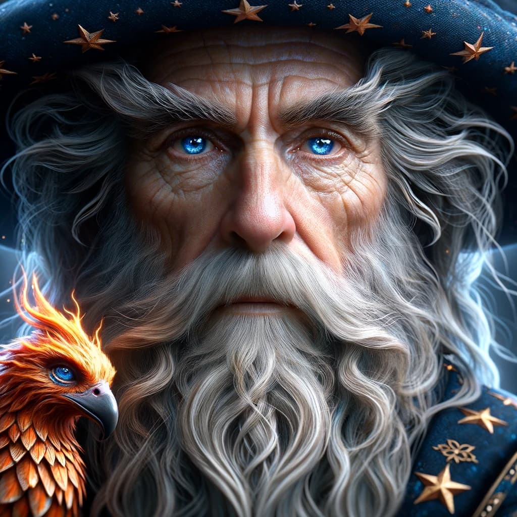 close-up image of the wizard focusing on his face