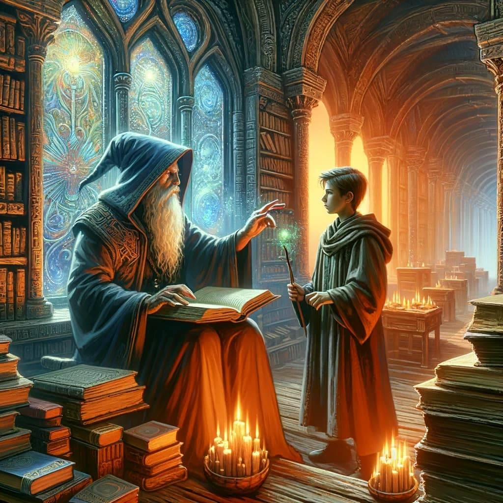 the wizard is teaching the young apprentice in the ancient library, 