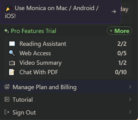 Monica AI free plan limitations