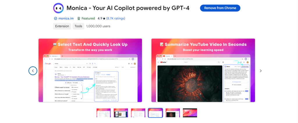 Monica AI landing page on Chrome Extension Store