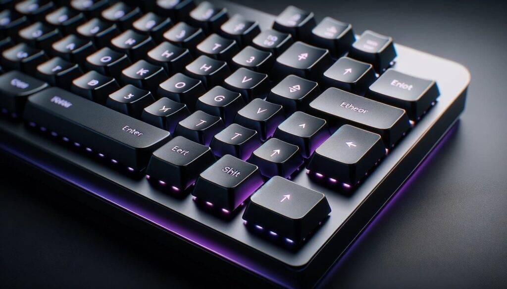 a sleek, modern keyboard with the specified color theme of black and purple.
