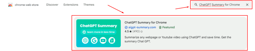 Searching for ChatGPT Summary for Chrome on Chrome Web Store
