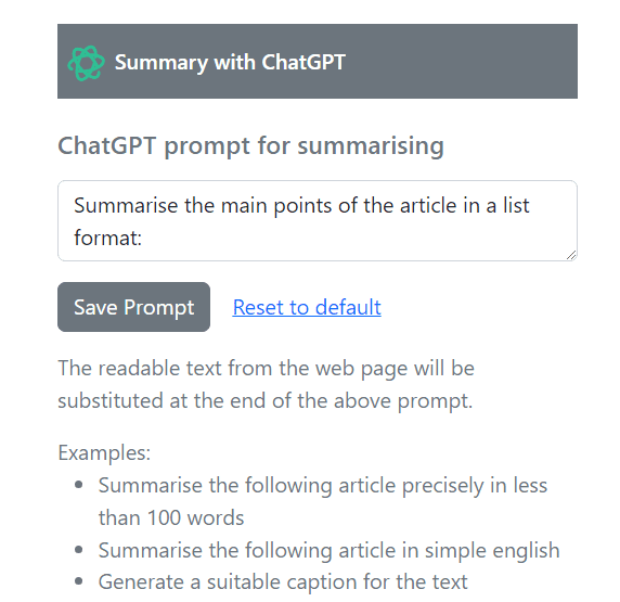Custom summarization prompt of ChatGPT Summary extension
