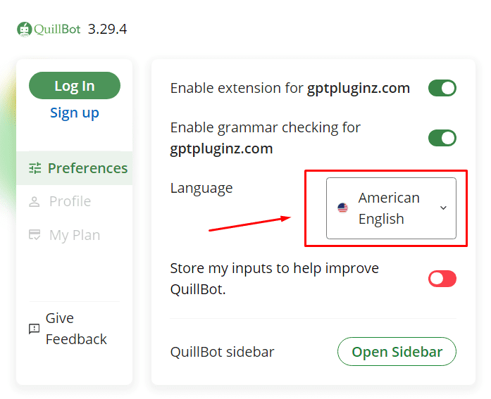 Adjusting english language on QuillBot extension