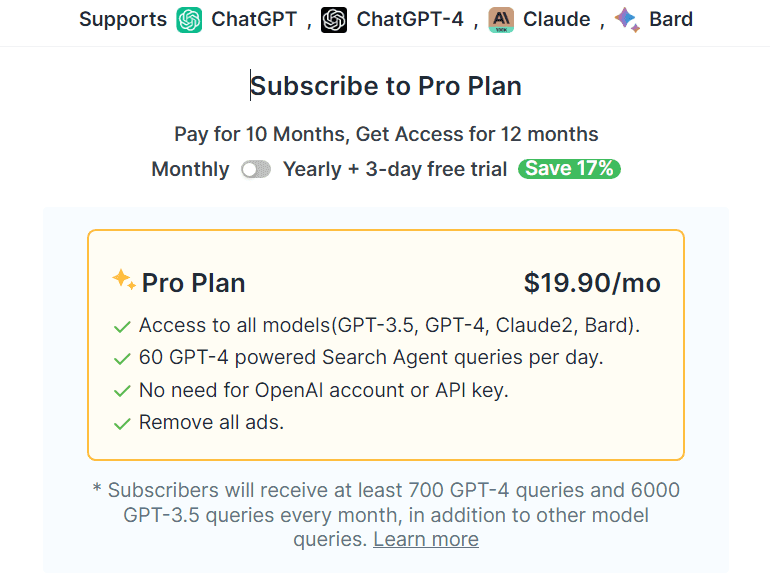 ChatGPT for Google pro plan pricing