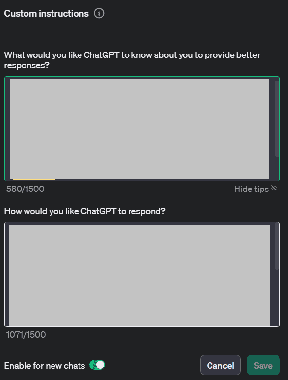 ChatGPT custom instructions fields